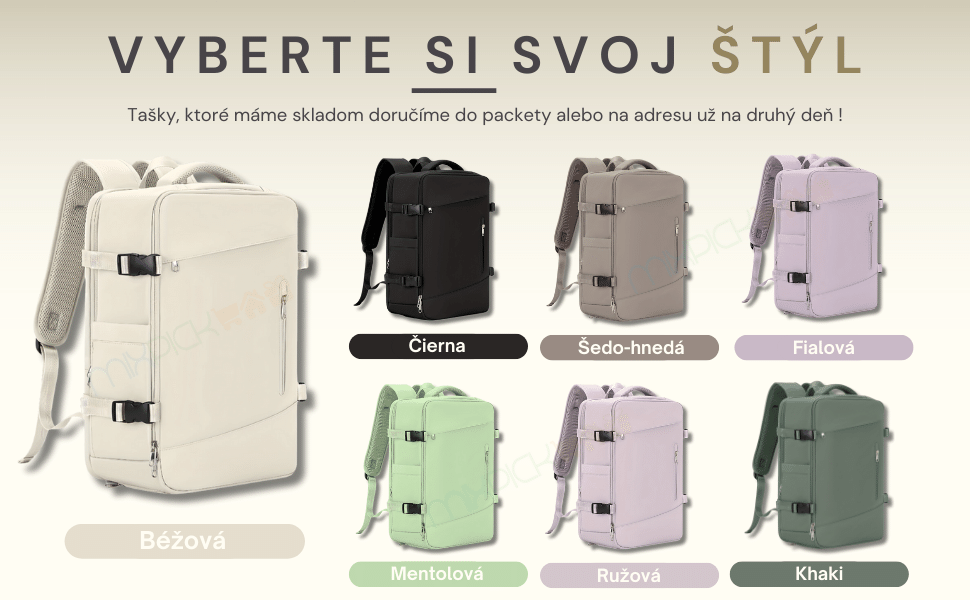 Široký výber štýlov a farieb batohov vrátane čiernej, béžovej, šedo-hnedej, fialovej, mentolovej, ružovej a khaki farby. Dostupné na sklade s rýchlym doručením